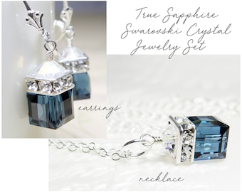 Set di gioielli in cristallo blu, collana e orecchini con cubo di cristallo Swarovski zaffiro, argento sterling, pietra portafortuna per il compleanno di settembre, regalo per lei