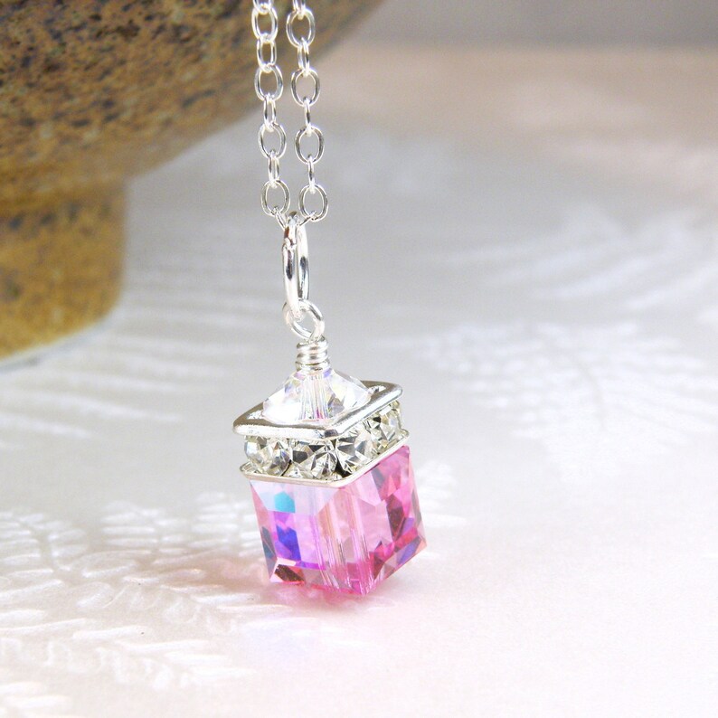 Pink Topaz Crystal Necklace, Sterling Silver, Gold Filled, Crystal Cube Jewelry, October Birthday Birthstone Gift, Spring Wedding Sterling Silver
