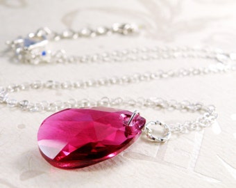 Magenta Teardrop Pendant, Sterling Silver, Ruby Swarovski Crystal Necklace, July Birthstone Birthday Gift, Bridesmaid Wedding Jewelry