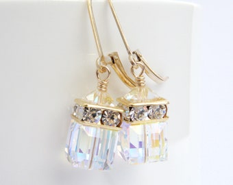 Clear Crystal Earrings, Drop Swarovski Cube, Gold Filled, Sterling Silver, Modern Wedding Day Bridal Gift, Maid of Honor Bridesmaid Jewelry