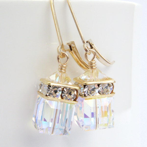 Clear Crystal Earrings, Drop Swarovski Cube, Gold Filled, Sterling Silver, Modern Wedding Day Bridal Gift, Maid of Honor Bridesmaid Jewelry