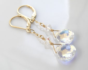 Bridesmaid Dangle Earrings, Gold Filled or Sterling, Clear Crystal White Opal Swarovski Teardrop Wedding Jewelry, April or October Birthday