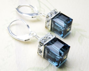 Sapphire Crystal Earrings, Blue Swarovski Crystal Cube, Sterling Silver Drop September Birthday Gift, Bridesmaid Earrings Wedding Jewelry