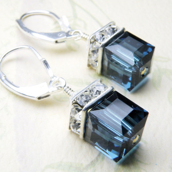 Sapphire Crystal Earrings, Blue Swarovski Crystal Cube, Sterling Silver Drop September Birthday Gift, Bridesmaid Earrings Wedding Jewelry