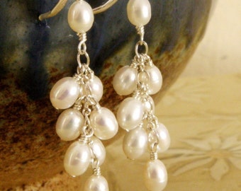 Cluster Pearl Earrings, Freshwater Pearl Earrings, Dangle, Sterling Silver, Long Pearl Earrings, Wedding Jewellery, Handmade Bridal Jewelry