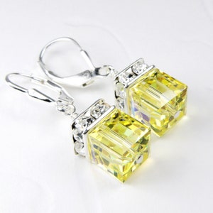 Lemon Yellow Crystal Cube Earrings, Sterling Silver, Gold Filled, Pale Citrine Swarovski Crystal Dangle Spring Wedding Jewelry November Gift image 3