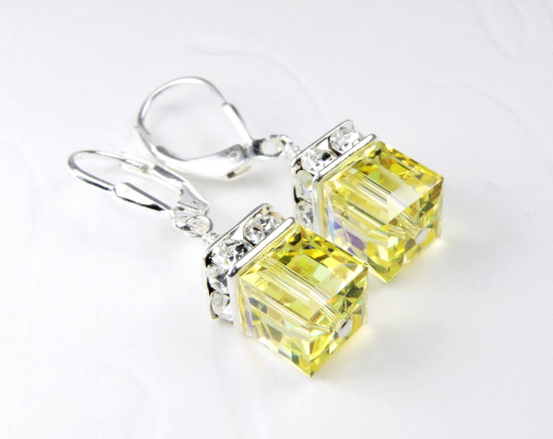 Lemon Yellow Crystal Cube Earrings, Sterling Silver, Gold Filled, Pale Citrine Swarovski Crystal Dangle Spring Wedding Jewelry November Gift image 3