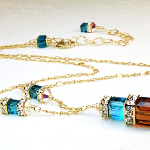 Teal and Chocolate Brown Crystal Set, Gold Filled Necklace Earrings Jewelry Set, London Blue Topaz Crystal Wedding, December Birthday Gift image 3