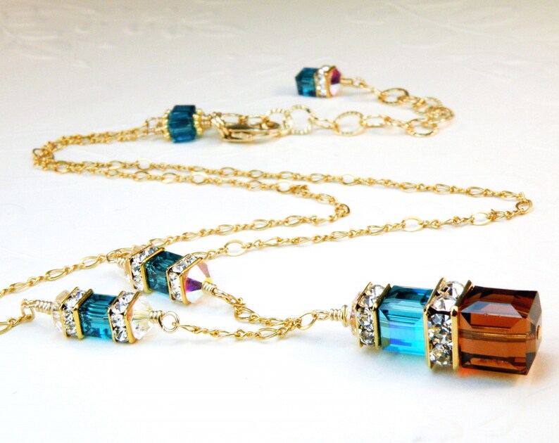 Teal and Chocolate Brown Crystal Set, Gold Filled Necklace Earrings Jewelry Set, London Blue Topaz Crystal Wedding, December Birthday Gift image 3