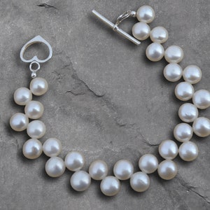White Freshwater Pearl Bracelet, Sterling Silver, Flat Round Coin Pearl, Bridal Wedding Handmade Jewelry, June Birthday Birthstone Gift