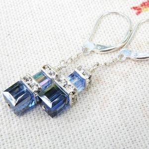 Navy Blue Dangle Earrings, Petite Swarovski Crystal Cube, Dark and Light Sapphire Sterling Silver or Gold Filled Bridesmaids Wedding Jewelry