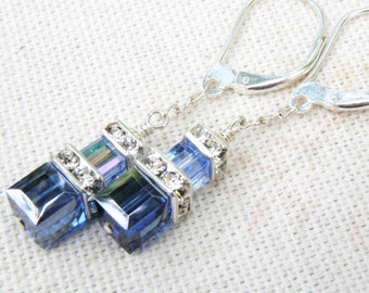 Navy Blue Dangle Earrings, Petite Swarovski Crystal Cube, Dark and Light Sapphire Sterling Silver or Gold Filled Bridesmaids Wedding Jewelry