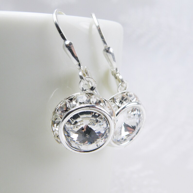 Crystal Halo Dangle Earrings, Swarovski Crystal, Sterling Silver, Round Diamond Classic Earrings, Teen Bridesmaid Jewelry Wedding Gift image 3