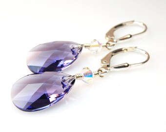 Tanzanite kristallen oorbellen, sterling zilver, paarse Swarovski Crystal Dangle, Teardrop bruidsmeisje bruiloft sieraden, juni verjaardagscadeau