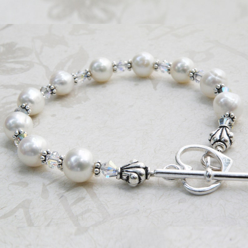 White Pearl Bracelet, Sterling Silver, Real Freshwater Classic Beaded Strand, Heart Clasp, June Birthstone Birthday Gift Handmade Jewelry image 2