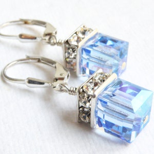 Light Sapphire Blue Crystal Earrings, Swarovski Cube Dangle Earrings, Bridesmaids Pale Blue Wedding, Sky Blue September Birthday Gift image 3