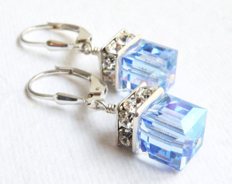 Light Sapphire Blue Crystal Earrings, Swarovski Cube Dangle Earrings, Bridesmaids Pale Blue Wedding, Sky Blue September Birthday Gift image 3