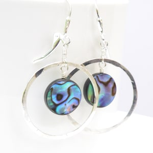 Silver Hoop Dangle Earrings, Abalone Shell in Sterling Silver, Teal Blue Paua Statement Jewelry, Modern Beach Wedding Earrings Gift