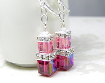 Ruby and Pink Dangle Earrings, Stacked Cube Fuchsia Rose Swarovski Crystals, Sterling Silver, Gold Filled Bridesmaids Jewelry, July Birthday