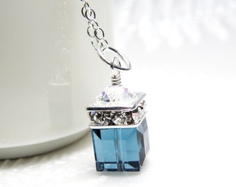 Sapphire Crystal Necklace, Sterling Silver, True Blue Crystal Cube Pendant, Bridesmaid Simple Wedding Jewelry, September Birthday Gift