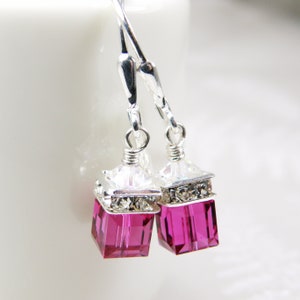 Fuchsia Petite Cube Earrings, Magenta Drop Earrings, Short Ruby Swarovski Crystal Junior Bridesmaid Earrings, Pink Teen July Jewelry Gift