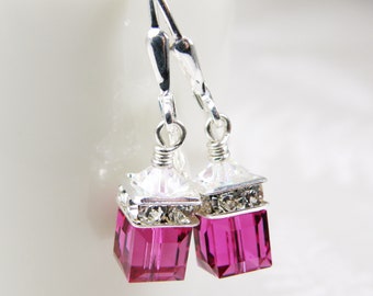 Fuchsia Petite Cube Earrings, Magenta Drop Earrings, Short Ruby Swarovski Crystal Junior Bridesmaid Earrings, Pink Teen July Jewelry Gift