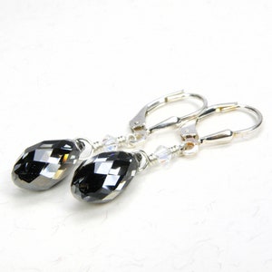 Charcoal Gray Crystal Earrings, Sterling Silver, Petite Teardrop Swarovski, Black Diamond Bridesmaids Dangle Earrings, Wedding Jewelry Gift image 2