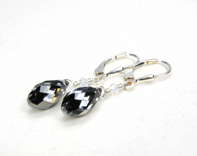 Charcoal Gray Crystal Earrings, Sterling Silver, Petite Teardrop Swarovski, Black Diamond Bridesmaids Dangle Earrings, Wedding Jewelry Gift image 2