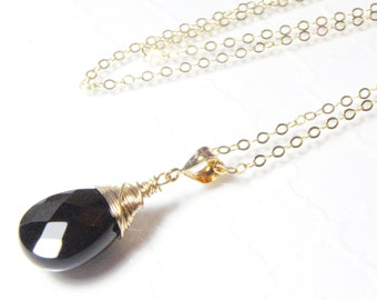 Black Onyx Necklace, Gold Filled or Sterling Silver, Black Stone Teardrop Pendant, Everyday Autumn Jewelry, Winter Gifts for Her