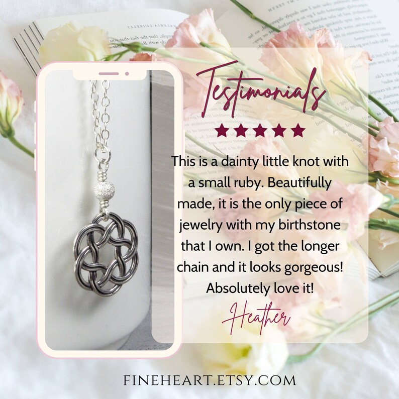 Puede incluir: Collar con colgante de nudo celta plateado. El colgante presenta un dise&ntilde;o entrelazado detallado, suspendido de una delicada cadena. La imagen incluye el texto "Testimonials" y "FINEHEART.ETSY.COM".