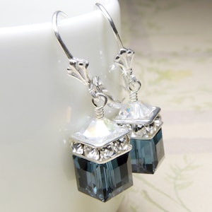 Sapphire Crystal Earrings, Blue Swarovski Crystal Cube, Sterling Silver Drop September Birthday Gift, Bridesmaid Earrings Wedding Jewelry image 4