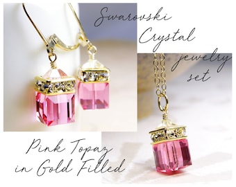 Pink Cube Jewelry Set, Gold Filled, Rose Crystal Necklace and Earrings, Bridesmaid Jewelry Pink Topaz Wedding Gift for Wife