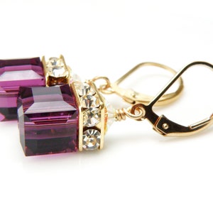 Gold Amethyst Crystal Earrings, Purple Plum Swarovski Cube Dangle Bridesmaids Wedding Jewelry, February Birthday Birthstone Gift image 4