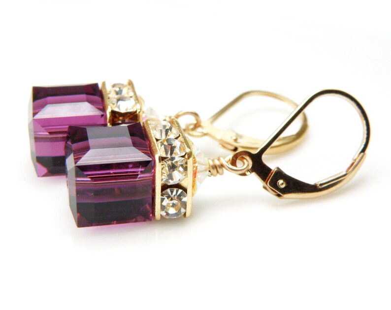 Gold Amethyst Crystal Earrings, Purple Plum Swarovski Cube Dangle Bridesmaids Wedding Jewelry, February Birthday Birthstone Gift image 4