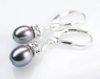 Silver Pearl Earrings, Freshwater Oval Pearl Drop Earrings, Sterling Silver, Wedding Jewelry, June Birthstone Birthday Gift, Handmade