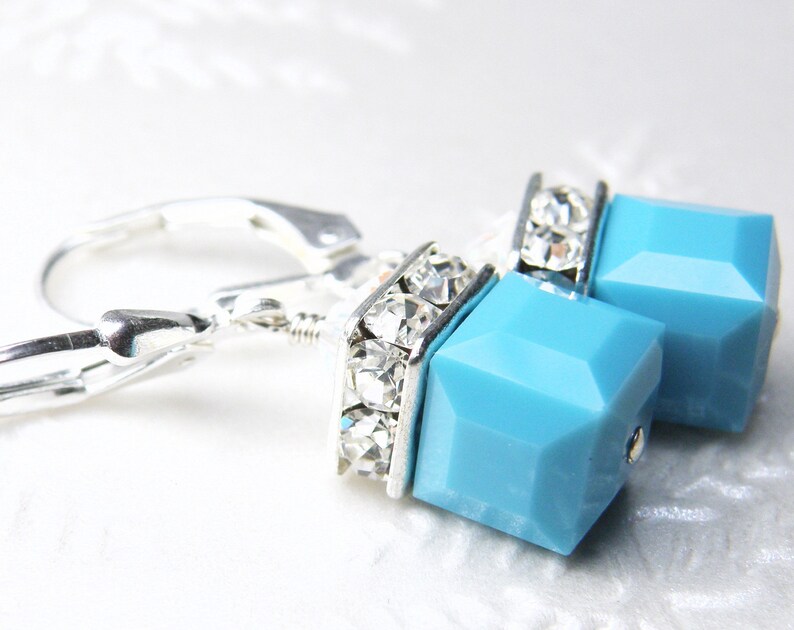 Turquoise Cube Earrings with Crystals by Swarovski, Teal Dangle Earrings, Sterling Silver or Gold Filled, Faux Stone December Birthday Gift image 3