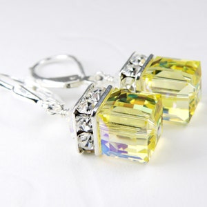 Lemon Yellow Crystal Cube Earrings, Sterling Silver, Gold Filled, Pale Citrine Swarovski Crystal Dangle Spring Wedding Jewelry November Gift As Shown In Picture