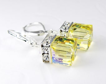 Lemon Yellow Crystal Cube Earrings, Sterling Silver, Gold Filled, Pale Citrine Swarovski Crystal Dangle Spring Wedding Jewelry November Gift