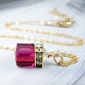 Ruby Crystal Necklace, Crystal Cube Pendant, Gold Filled, Sterling Silver, Fuchsia Wedding Jewelry, Bridesmaids Gift, July Birthday image 4