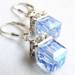 Light Sapphire Blue Crystal Earrings, Swarovski Cube Dangle Earrings, Bridesmaids Pale Blue Wedding, Sky Blue September Birthday Gift image 2