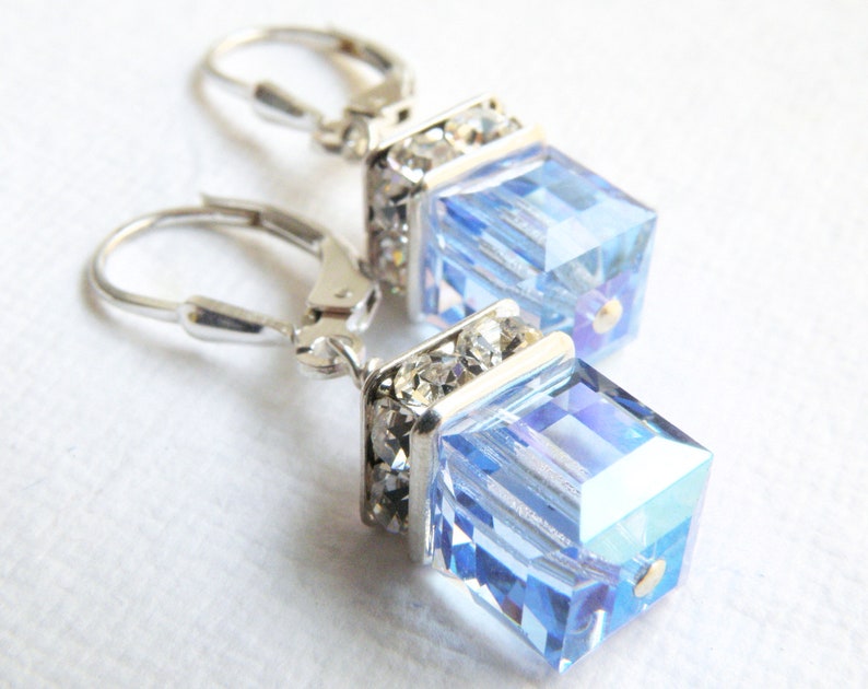 Light Sapphire Blue Crystal Earrings, Swarovski Cube Dangle Earrings, Bridesmaids Pale Blue Wedding, Sky Blue September Birthday Gift image 2