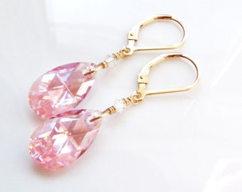 Pink Crystal Earrings, Teardrop Swarovski Crystal, Sterling Silver or Gold Filled, October Birthday Gift, Spring Wedding Guest Dress