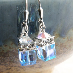 Light Sapphire Blue Crystal Earrings, Swarovski Cube Dangle Earrings, Bridesmaids Pale Blue Wedding, Sky Blue September Birthday Gift image 4
