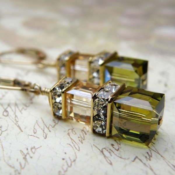 Herbst Ohrringe, Olivgrün Champagner Kristall Würfel, Gelbgold gefüllt Khaki baumeln Ohrringe Hochzeit Brautjungfern Schmuck Geschenk, handgemacht
