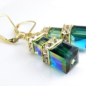 Deep Emerald Green Crystal Earrings, Gold Filled, Swarovski Dangle Earrings, Bridesmaid Wedding Jewelry, May Birthstone Birthday Gift