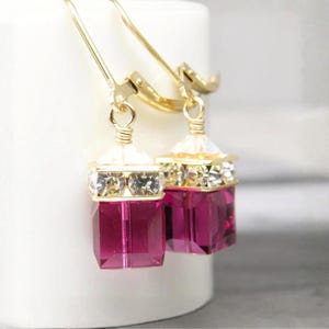 Ruby Crystal Earrings, Gold Filled, Red Ruby Dangles with Swarovski Crystal Cubes Bridesmaids Gift, Fall Wedding Jewelry, July Birthday Gift