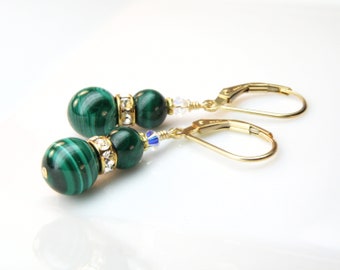 Malachite Dangle Earrings, Gold Filled, Dark Green Stone Earrings, Emerald Green Drop Earrings, May Birthstone Birthday Jewelry Gift for Mom