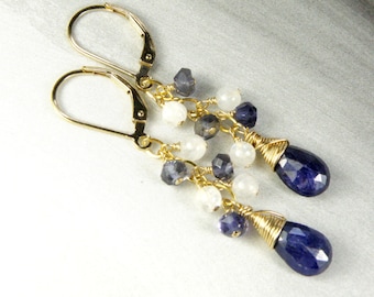 Natural Sapphire Earrings, Gold Filled, Sapphire Dangle Tanzanite Moonstone Accent, September Birthday Birthstone, Blue Wedding Jewelry Gift