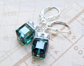 Emerald Crystal Earrings, Sterling Silver or Gold Filled, Dark Green Swarovski Cube Dangle, May Birthday Gift, Wedding Bridesmaids Jewelry