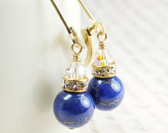 Lapis Lazuli Earrings, Gold Filled, Blue Stone Drop Earrings, Lapiz Dangle Earrings, Navy Gemstone Gift, September Birthstone, Fall Birthday